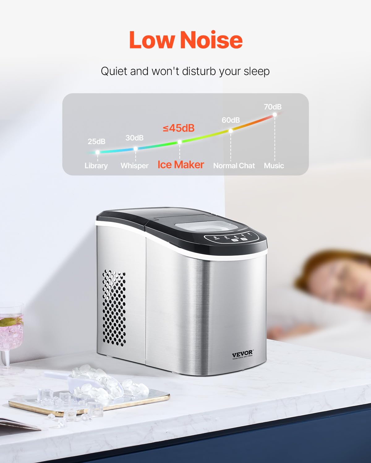 VEVOR Countertop Ice Maker, 9 Cubes Ready in 6 Mins, 33lbs in 24Hrs, Self-Cleaning Portable Ice Maker with Ice Scoop and Basket, Ice Machine with 2 Sizes Bullet Ice for Home Kitchen Office Bar Party