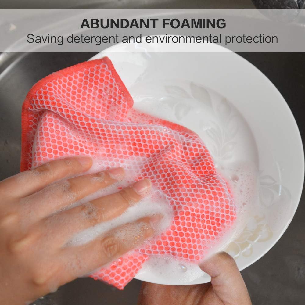 SINLAND 5 Color Assorted Microfiber Dish Cloth Towels Best Kitchen Cloths Cleaning Cloths with Poly Scour Side 12"x12" 5Pack (Pink+Blue+White+Yellow+Green)