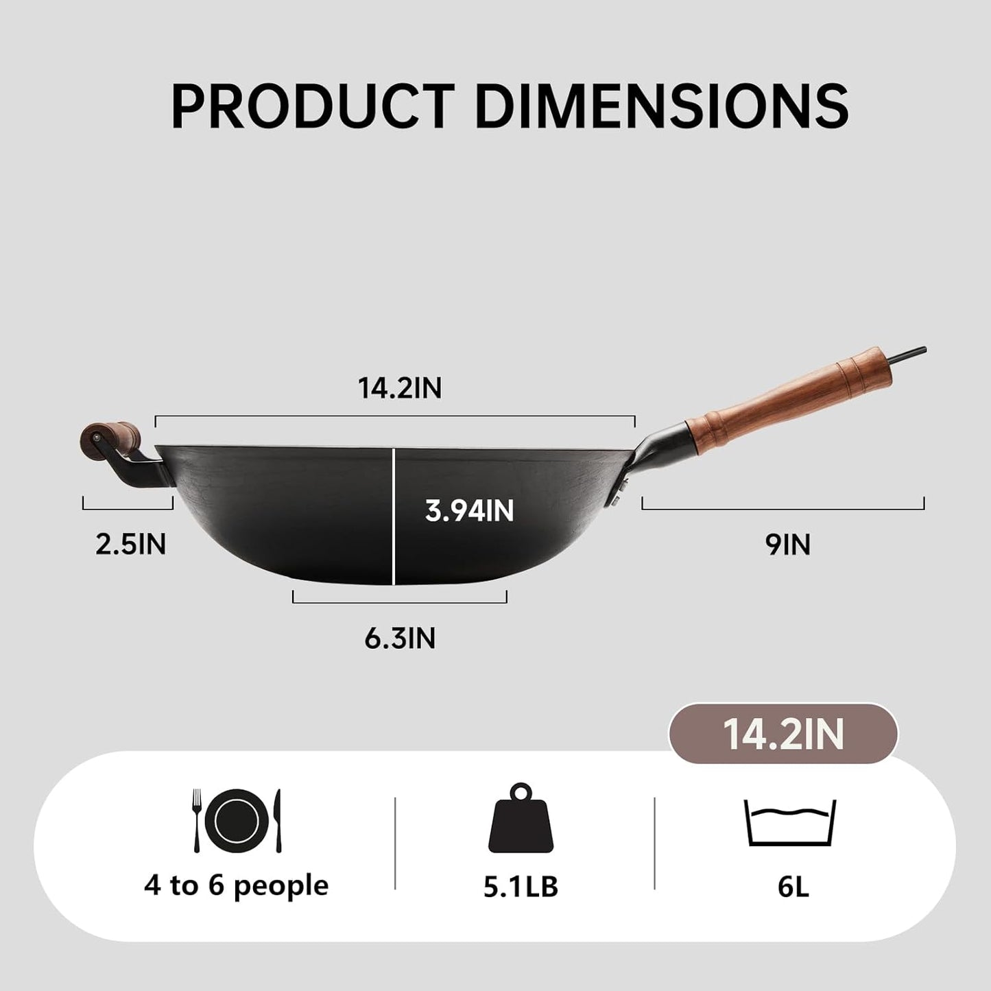 WANGYUANJI 14.2 Inch Cast Iron Wok with Glass Lid – Extra Large Flat Bottom Wok for Stir Fry, Steaming, Braising, Compatible with All Stovetops, Black