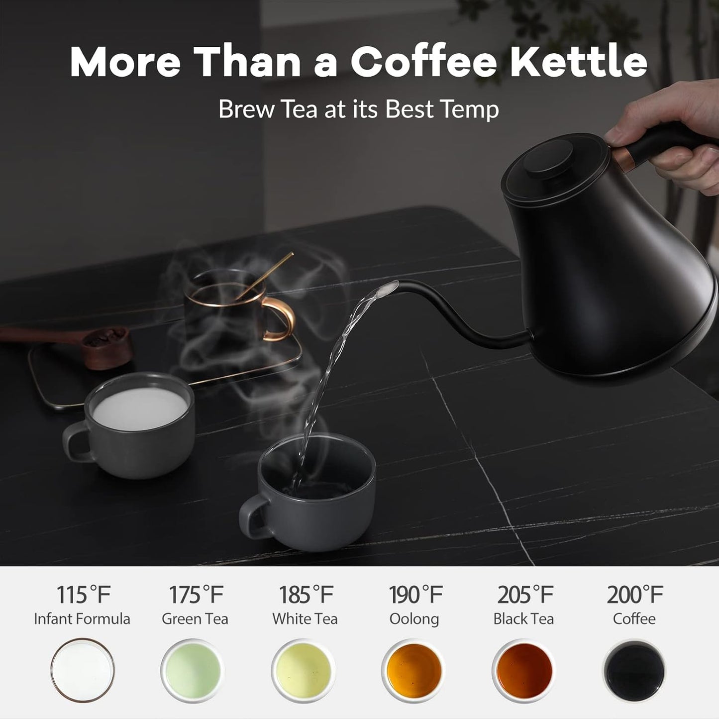 Mecity Electric Kettle Gooseneck Pour Over Kettle ±1℉ Temperature Control Quick Heating Water Boiler for Coffee & Tea & Formula Auto Shut Off Tea Kettle 1200 Watt, 0.8L, Matt Black, Barista Edition