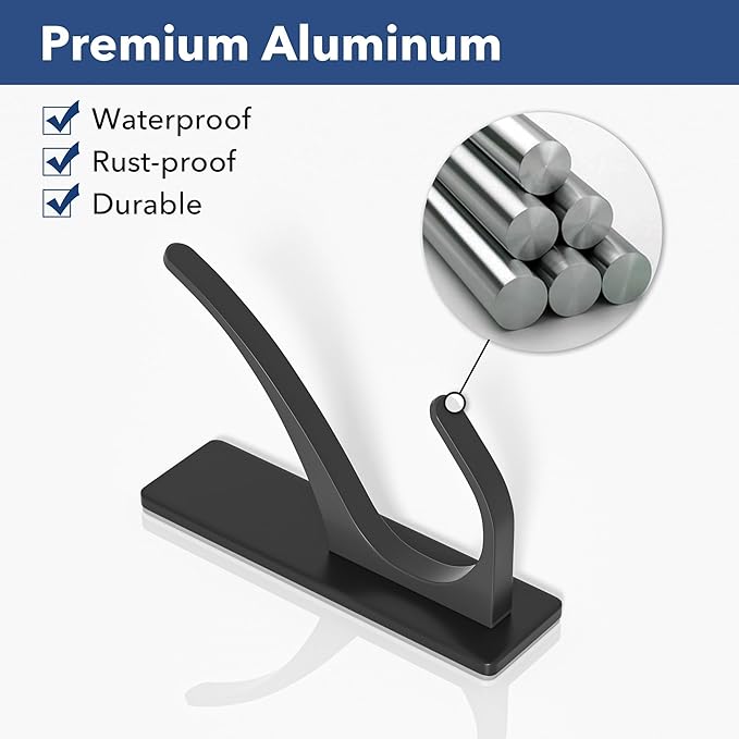 pickpiff Self Adhesive Coat Hooks for Hanging: Heavy Duty Stainless Wall Hook for Towel, Backpack, Hat, Sturdy Metal Hanger for Bathroom, Bedroom, Door, 4-Pack, Matt Black