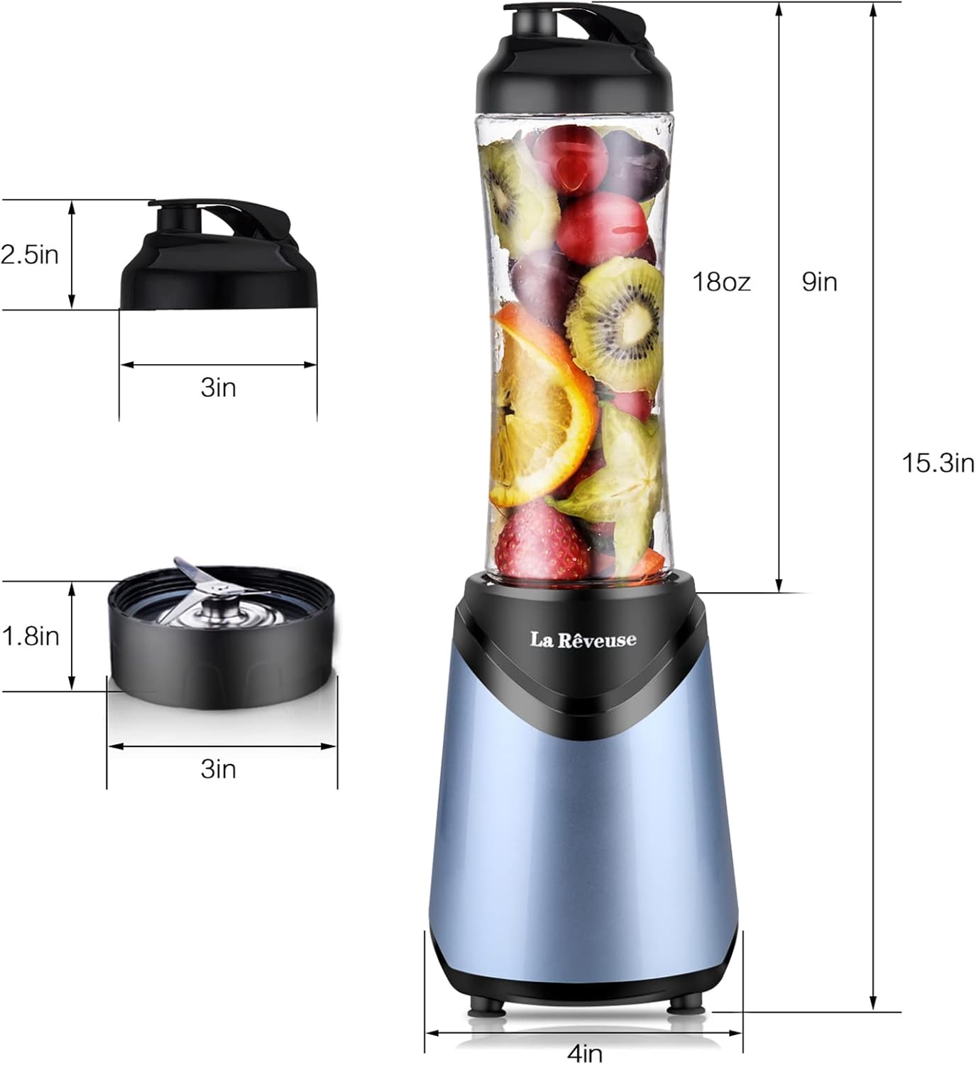 La Reveuse Smoothies Blender Personal Size 300 Watts with 18 oz BPA-free Portable Travel Sports Bottle (Light Blue)