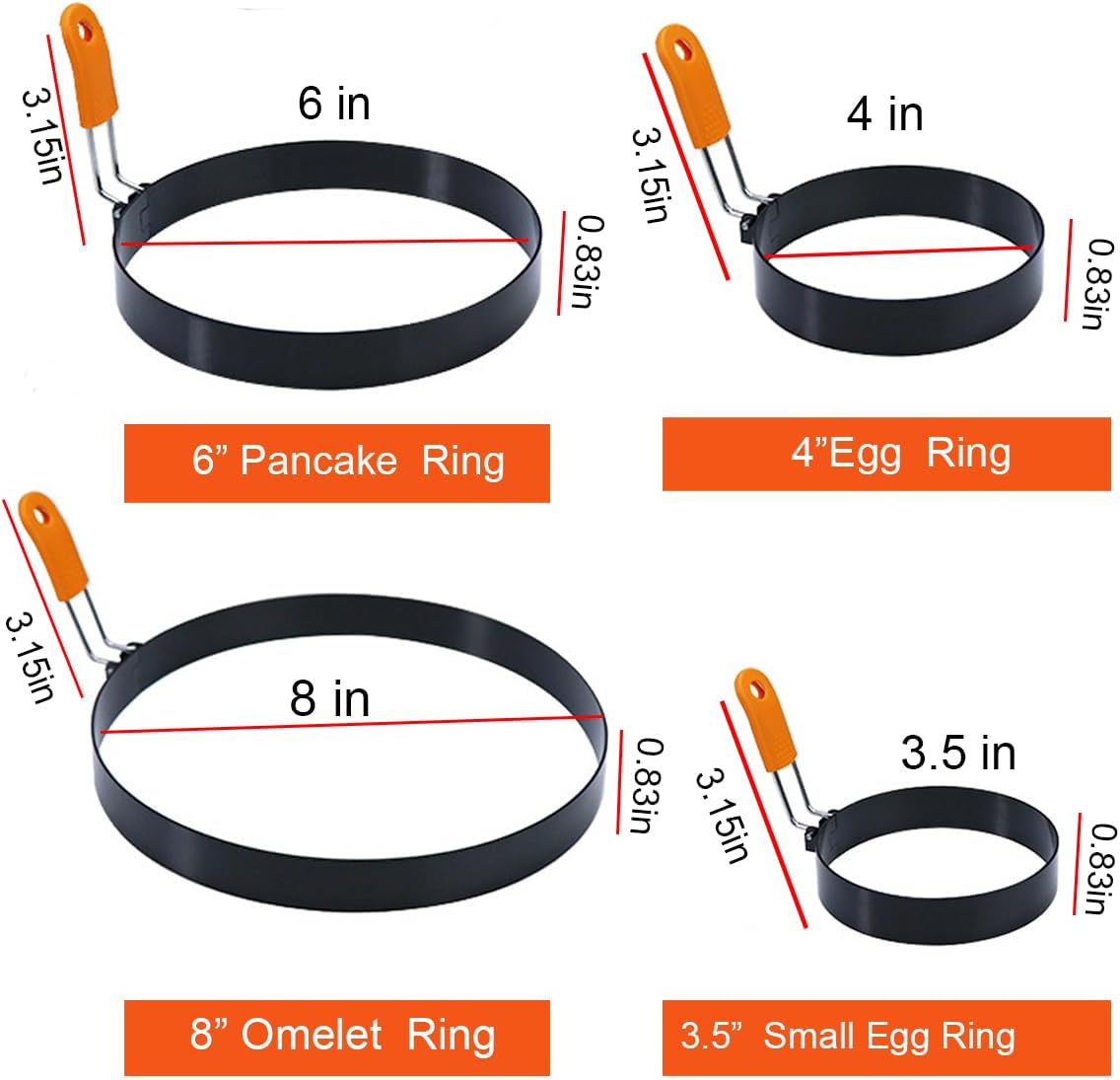 Stainless Steel Egg Rings - 8 Pack, 8" Omelet, 6" Pancake, 4" & 3.5" Egg Muffin Rings with Oil Brush & Separator