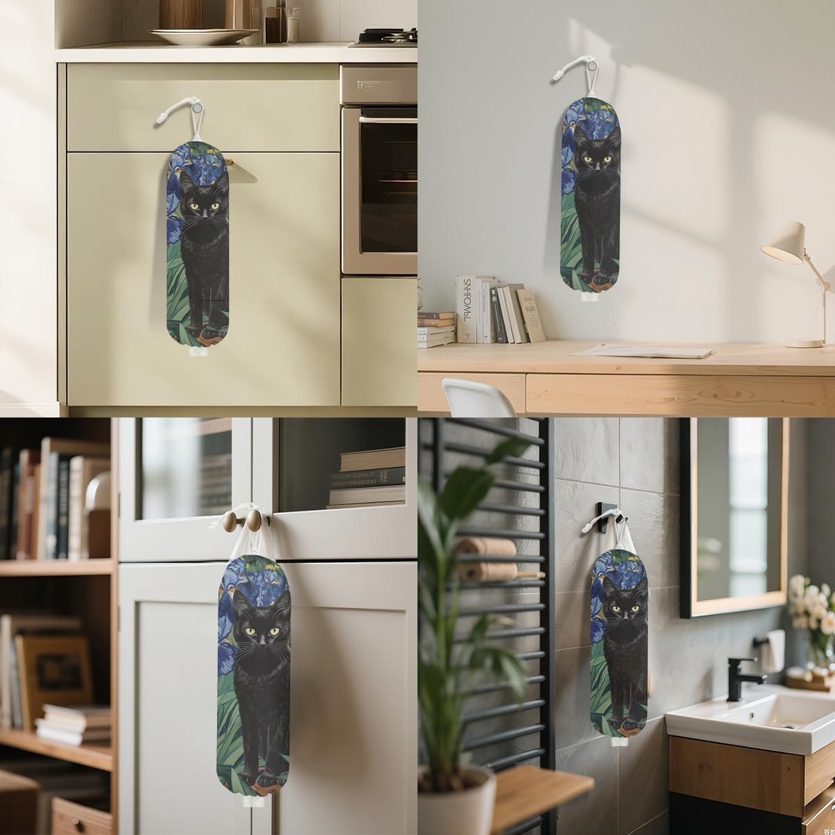 Mysterious Cat Plastic Bag Holder, Wall Mount Plastic Bag Holders for Grocery Bags, Vibrant Floral Washable Grocery Bags Storage Dispenser for Home Kitchen Decor, Cat Lover Gifts for Women