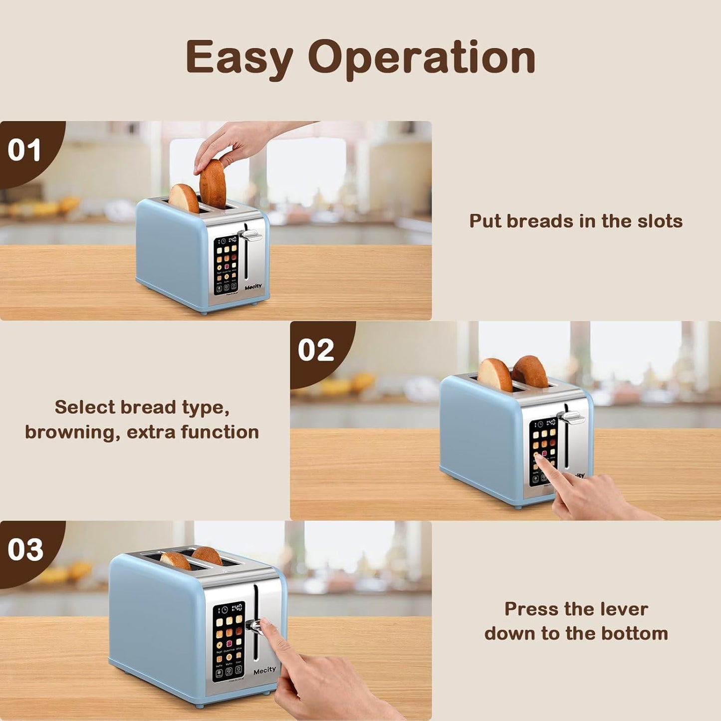 Mecity 2 Slice Touch Screen Toaster, 1.5" Wide Slot, Stainless Steel Smart Toaster for Bagels, Muffins, Waffles, Gluten-Free Breads, Defrost, Reheat, Timer, 120V 825W, Ice Blue
