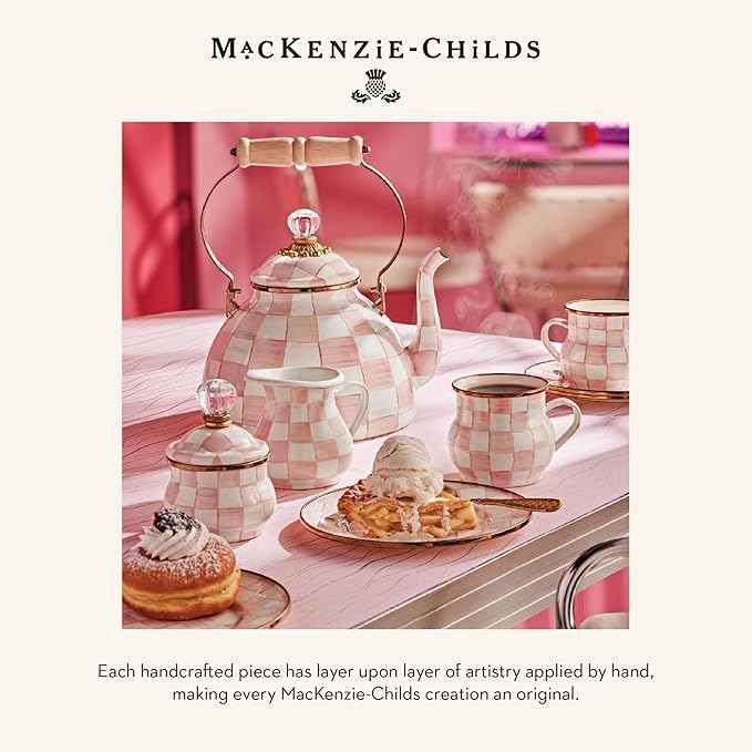 MACKENZIE-CHILDS Enamel Compote, Cute Enamel Pedestal Serving Dish or Decorative Bowl, Large, Pink-and-White Rosy Check