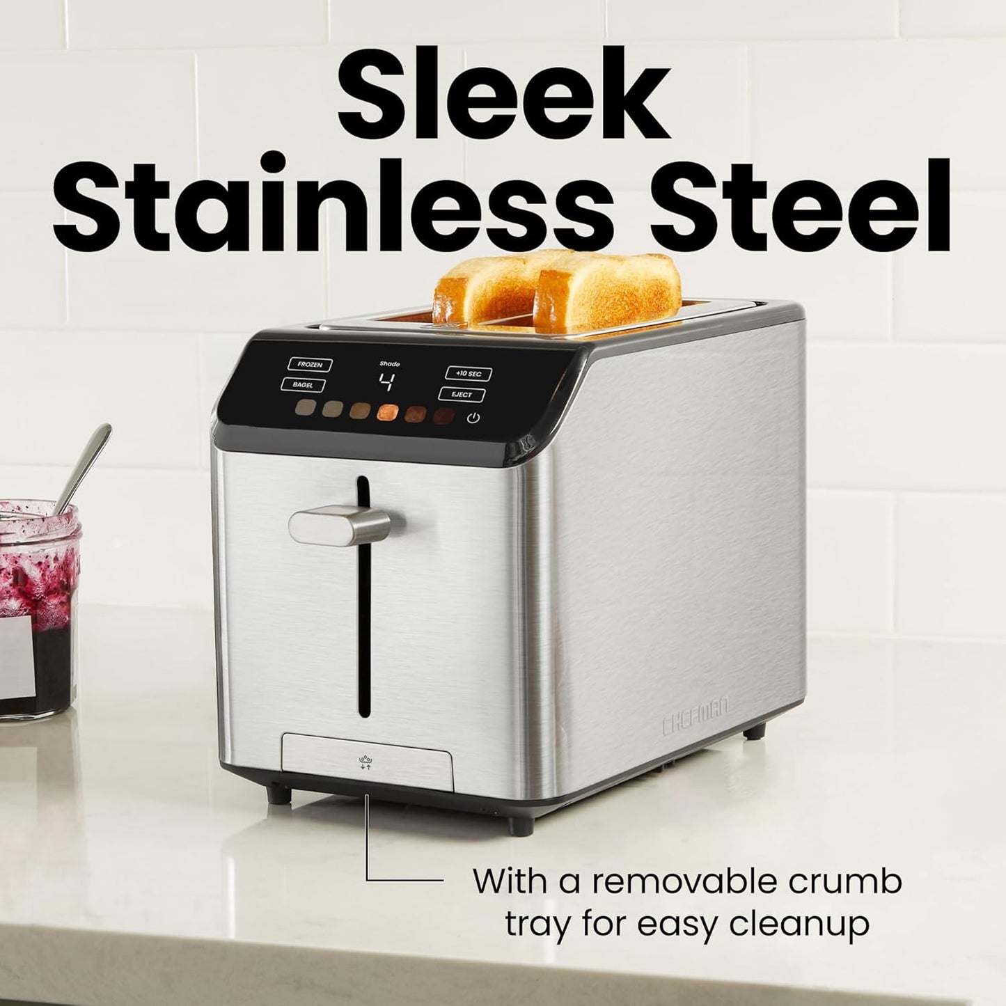 Chefman Smart Touch 2 Slice Digital Toaster, 6 Shade Settings, Touchscreen Controls, Extra-Wide Slots for Thick Breads & Bagels, +10 Seconds, Defrost, Removable Crumb Tray – Stainless Steel