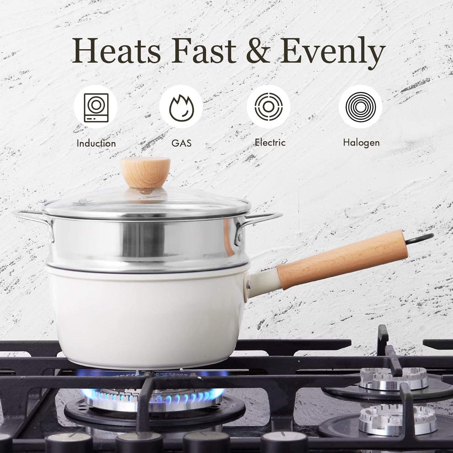 ROCKURWOK Ceramic Nonstick Sauce Pan, 3 QT Pot with Steamer, Non Toxic & PFAS-Free, Wooden Handle for Cool Touch, Universal Base(Gas, Electric & Induction), White