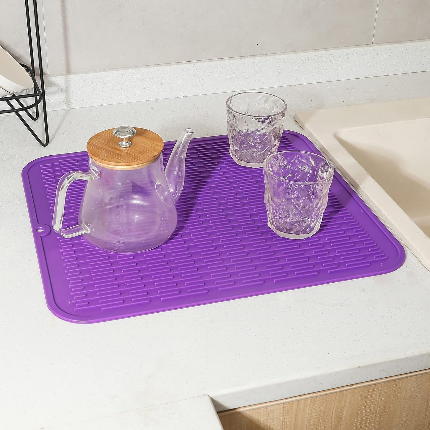 Silicone Dish Drying Mat for Multiple Usage,Easy clean,Eco-friendly,Heat-resistant Silicone Mat for Kitchen Counter or Sink,Refrigerator or Drawer Liner Purple XL 18 inches x 16 inches
