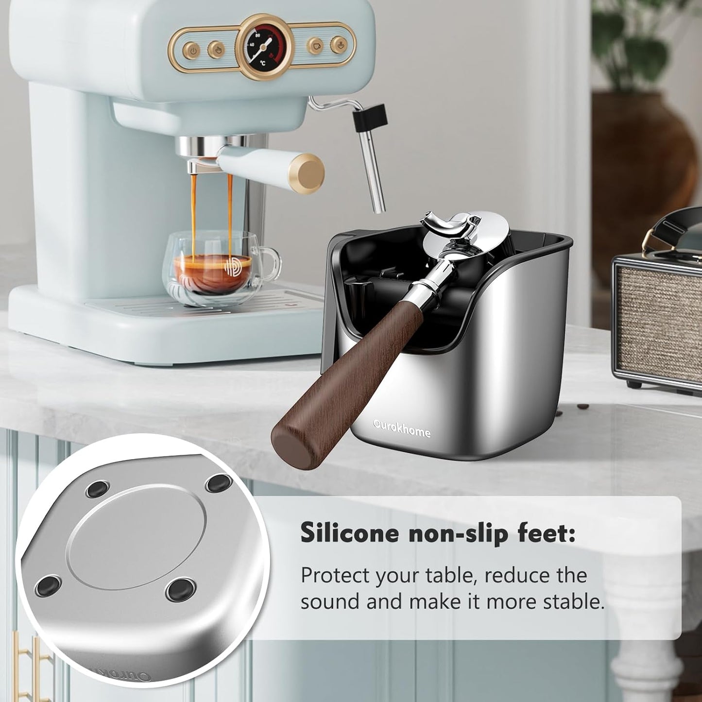 Ourokhome Knock Box Espresso Accessories, The Latest Patented Stainless Steel Espresso Machine Tool for Coffee Ground with Removable Knock Bar, Handle and Lid, Dishwasher safe, 4.8 inch