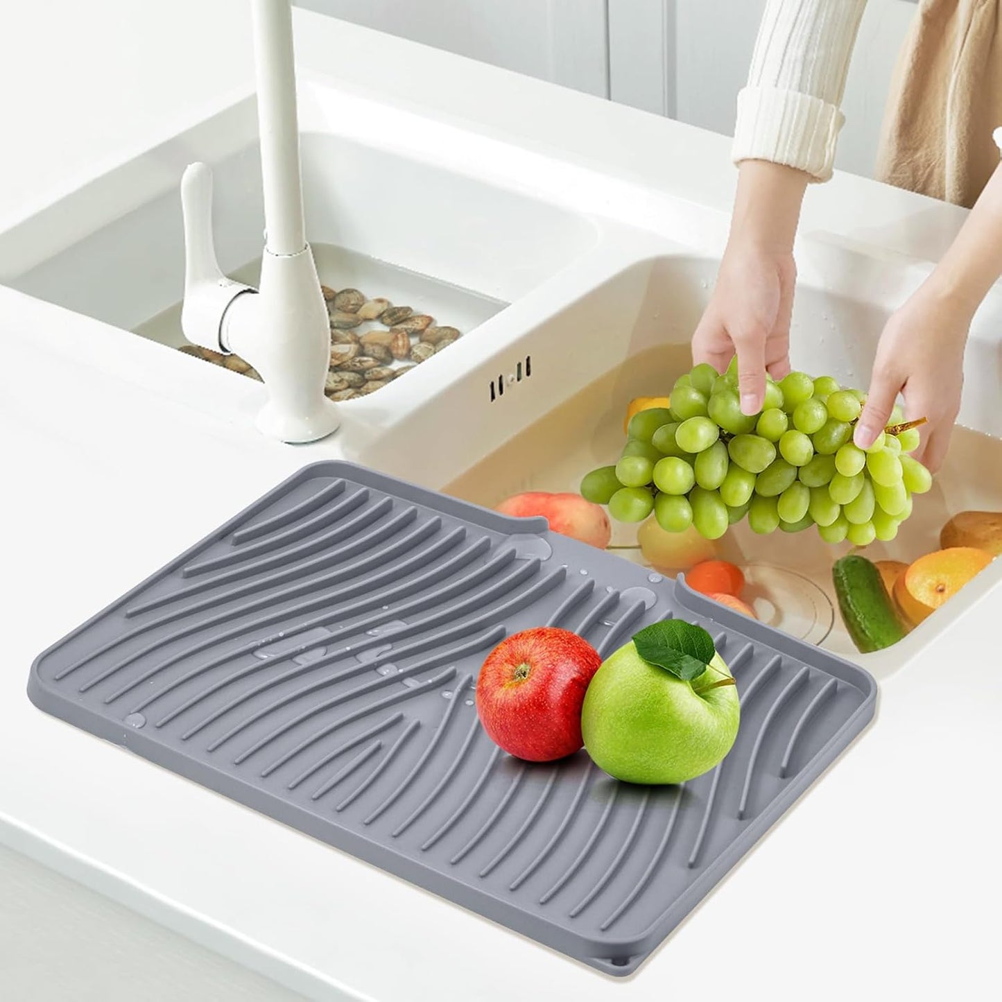 Dish Drying Mat, Stone Drying Mat for Kitchen Counter with Built-in Drain, Non-Slip Drying Matt Kitchen Counter, Heat Resistant Silicone Drying Mat, 2 Pcs(15.8"X 13", Grey)