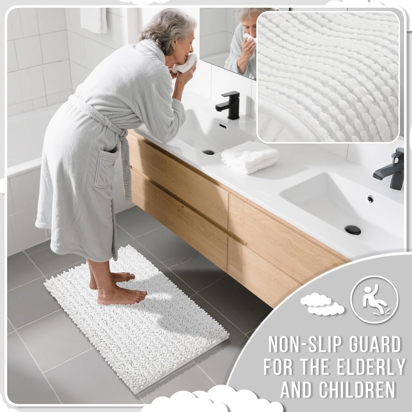 Yimobra Bathroom Runner Rug 60x24 Inch - Extra Long Non Slip Chenille Bath Mat, Soft & Absorbent, Machine Washable Shaggy Hallway Carpet for Vanity Tub Shower, White Home Decor Accessories