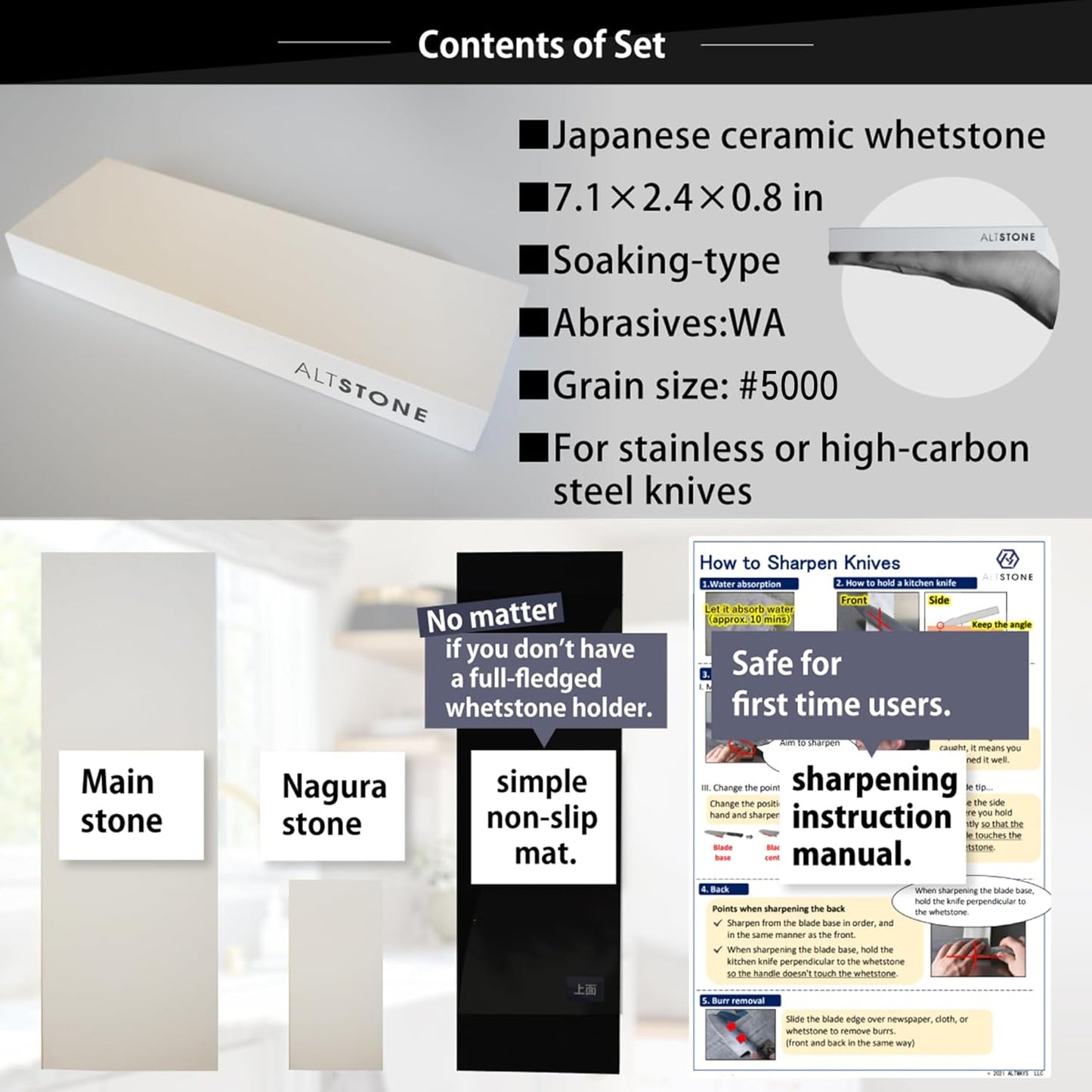 Whetstone Sharpening stone finishing very fine grit 5000 w/Nagura, 7.1" x 2.4" x 0.8" (Pro Power. Perfectly Compact for home use), Made in Japan (#5000)