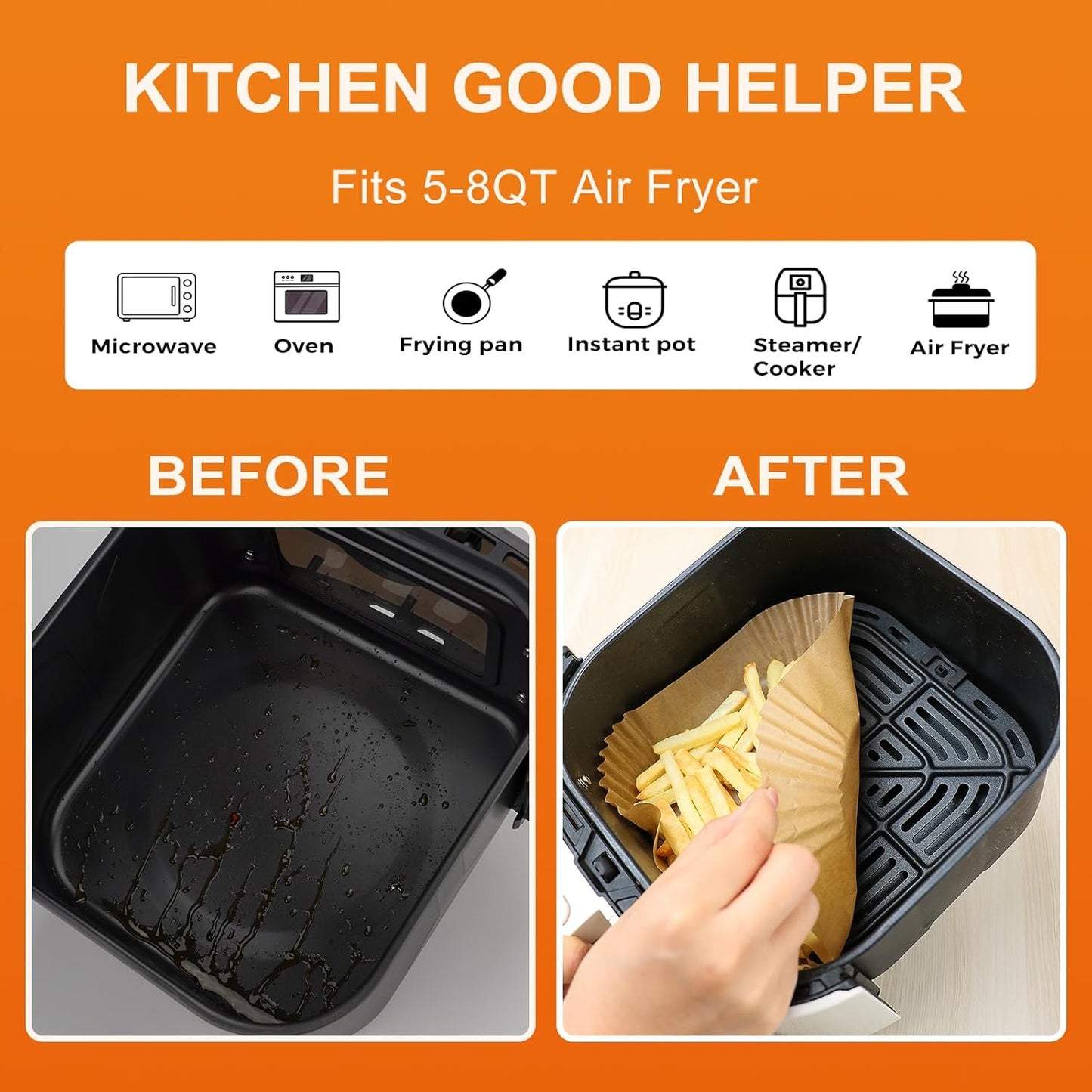 Ctizne Air Fryer Liners Disposable: 200PCS 8 Inch Square Parchment Paper Liner, Non-stick Oilproof Baking Paper Sheets for 5-8 QT Airfryer Basket