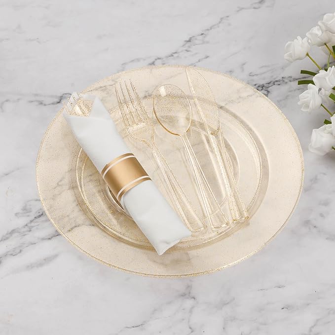 Goodluck 700 Piece Gold Glitter Plastic Dinnerware Set for 100 Guests, Disposable Plates for Party, Include: 100 Dinner Plates, 100 Dessert Plates, 100 Pre Rolled Napkins with Silverware, 100 Cups