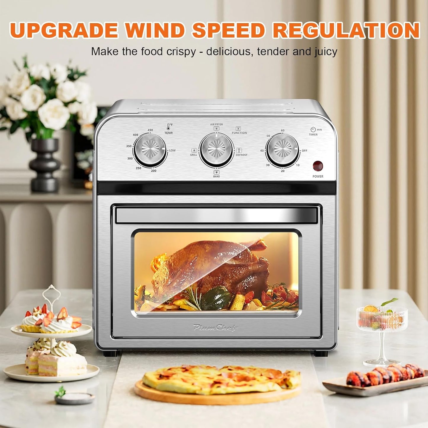 PlumChef 13 Quart 4 Slices Air Fryer Convection Toaster Oven, 1500W, Multifunction Oven for Roast, Bake, Grill, Broil, Toast(stainless steel)