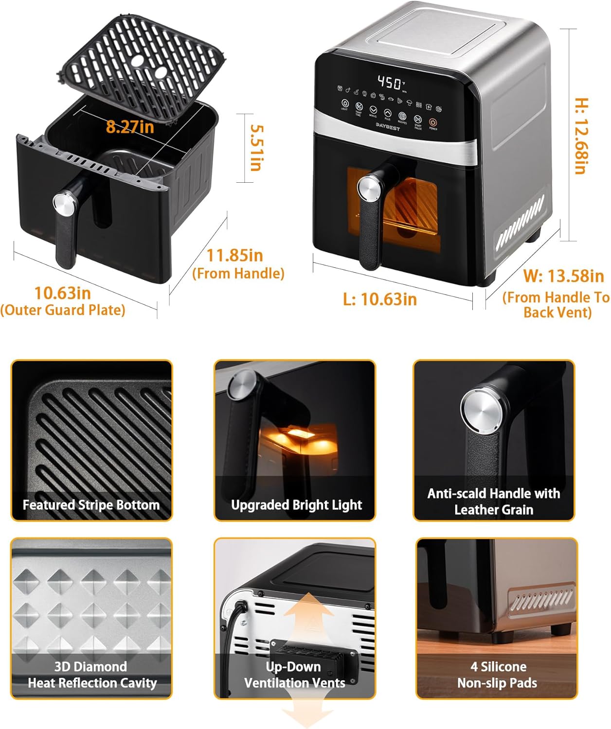 Stainless Steel Air Fryer Ceramic Coat Basket Non Toxic Metal Cavity 6 QT Compact for 2-3 PAX, DAYBEST Dual Heats Airfryer 450ยฐF 12 in 1, Dishwasher Safed Pot, Plate, Rack & Liner (Stainless Steel)