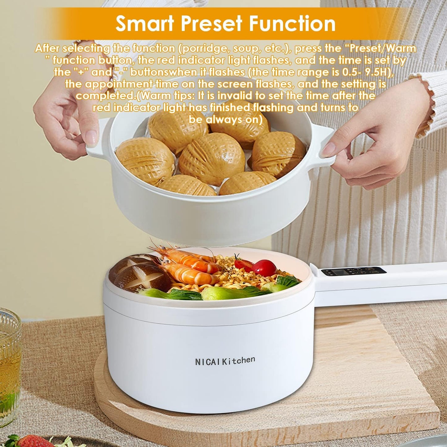 Electric Hot Pot,1.8L Electric Cooker Steamer, Multifunctional Non-stick Pan,Suitable For Ramen, Steak, Egg,Rice, Oatmeal, Soup Smart Button, Gold