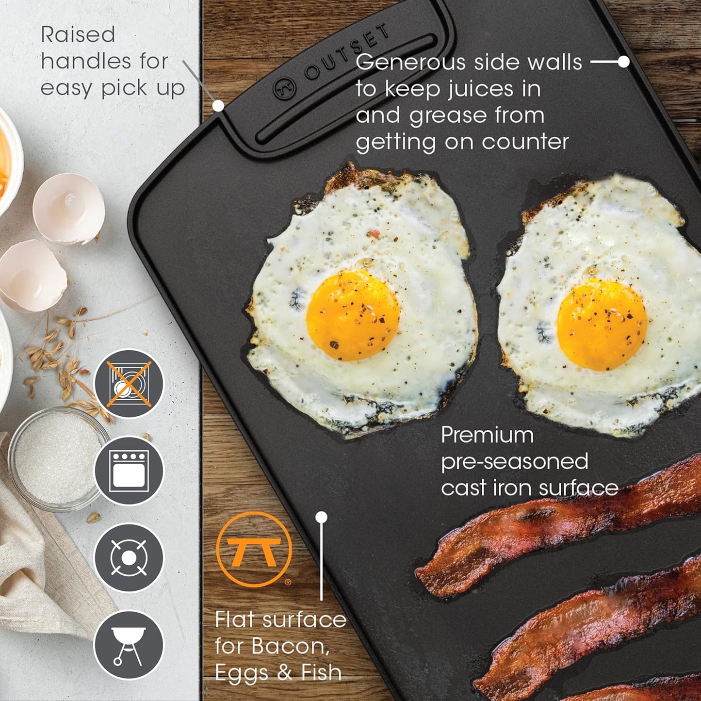 Outset Cast Iron Grill Griddle, Reversible Stovetop and Grill Griddle, 18" x 10"