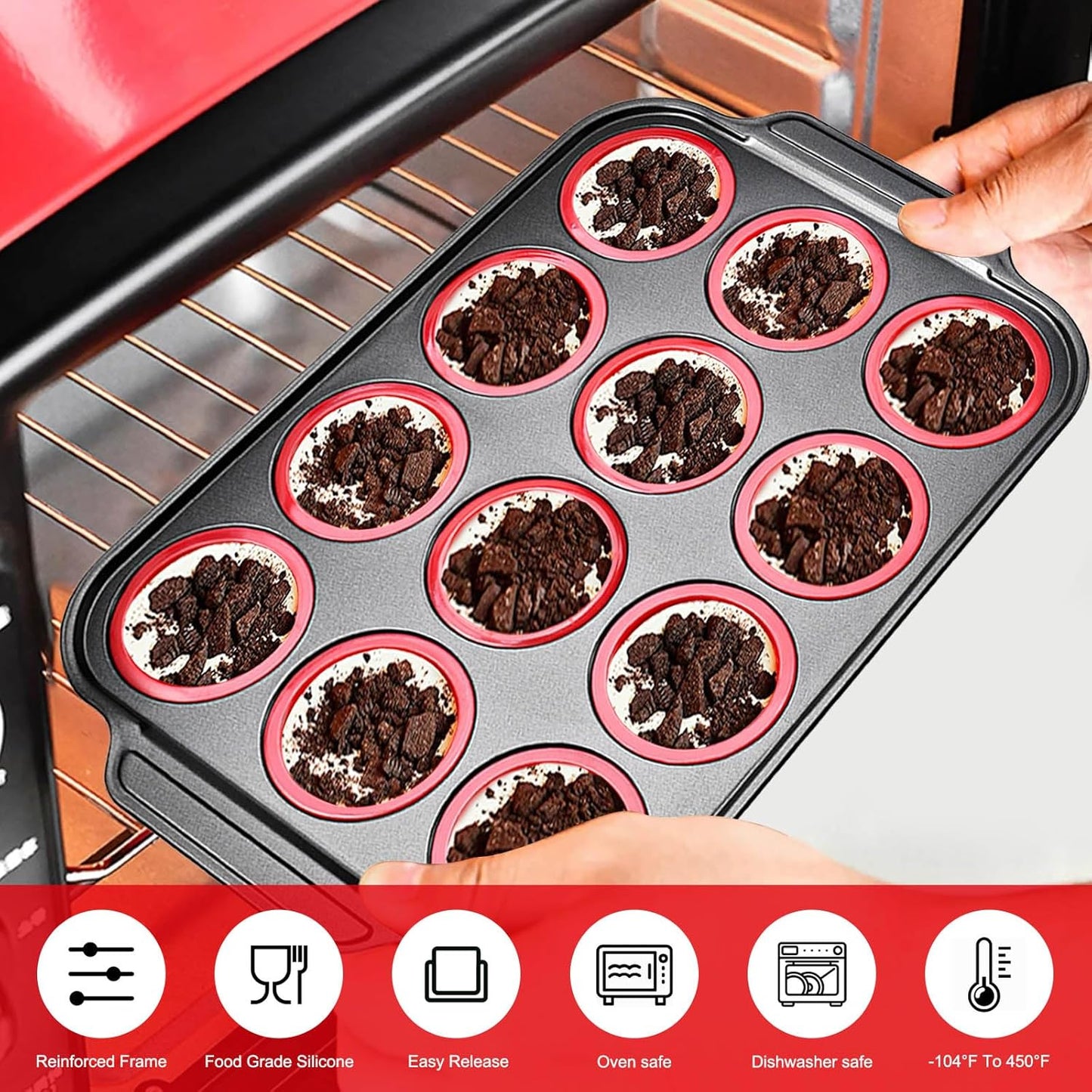 Silicone Muffin Pan with Metal Frame, Egg Bite Maker Silicone Molds for Baking, Cupcake Pans 12 Regular Size, Muffin Tins Easy to Pop Nonstick Non Toxic Bakeware for Oven (Red-6)