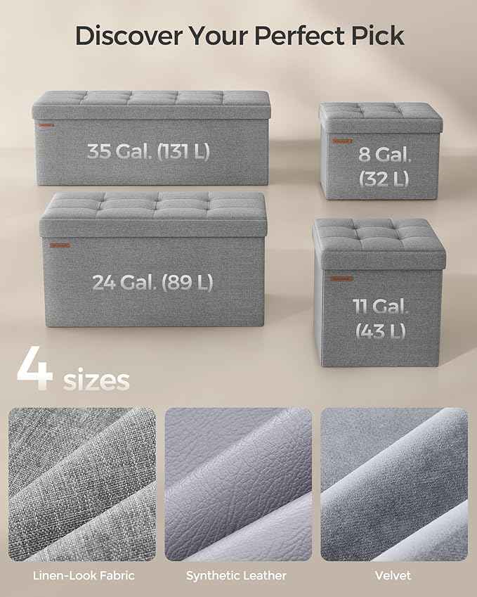 SONGMICS MAZIE Collection - 43 Inches Folding Storage Ottoman Bench, Ottoman Foot Rest, End of Bed Bench, Storage Chest, Load 660 lb, for Living Room, Bedroom, Entryway, Light Gray ULSF77G