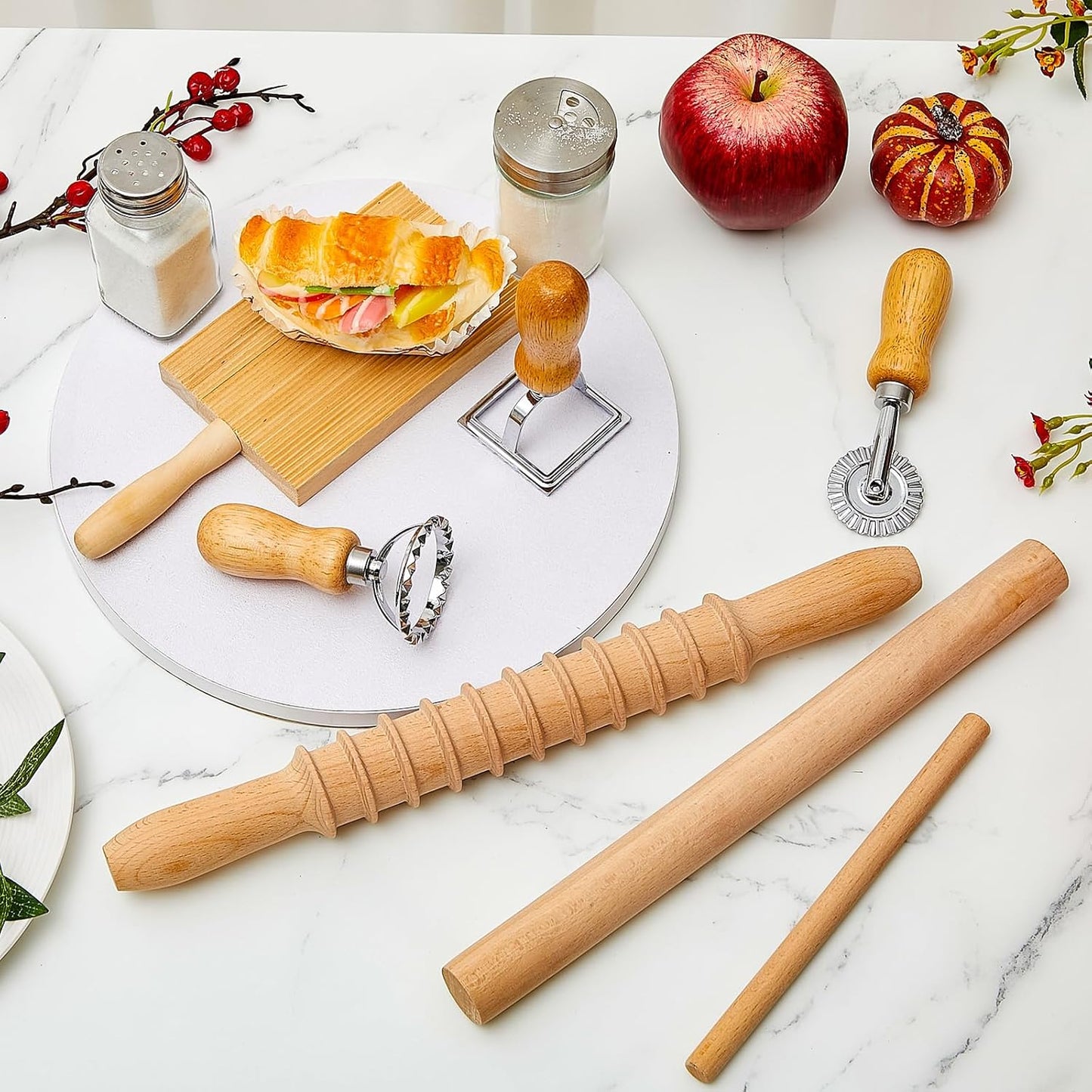 Tioncy 7 Pcs Gnocchi Pasta Making Tool, Wood Gnocchi Board with Ravioli Stamp and Rolling Pin Set Homemade Kitchen Gift for Baking Lovers(Pasta Style)