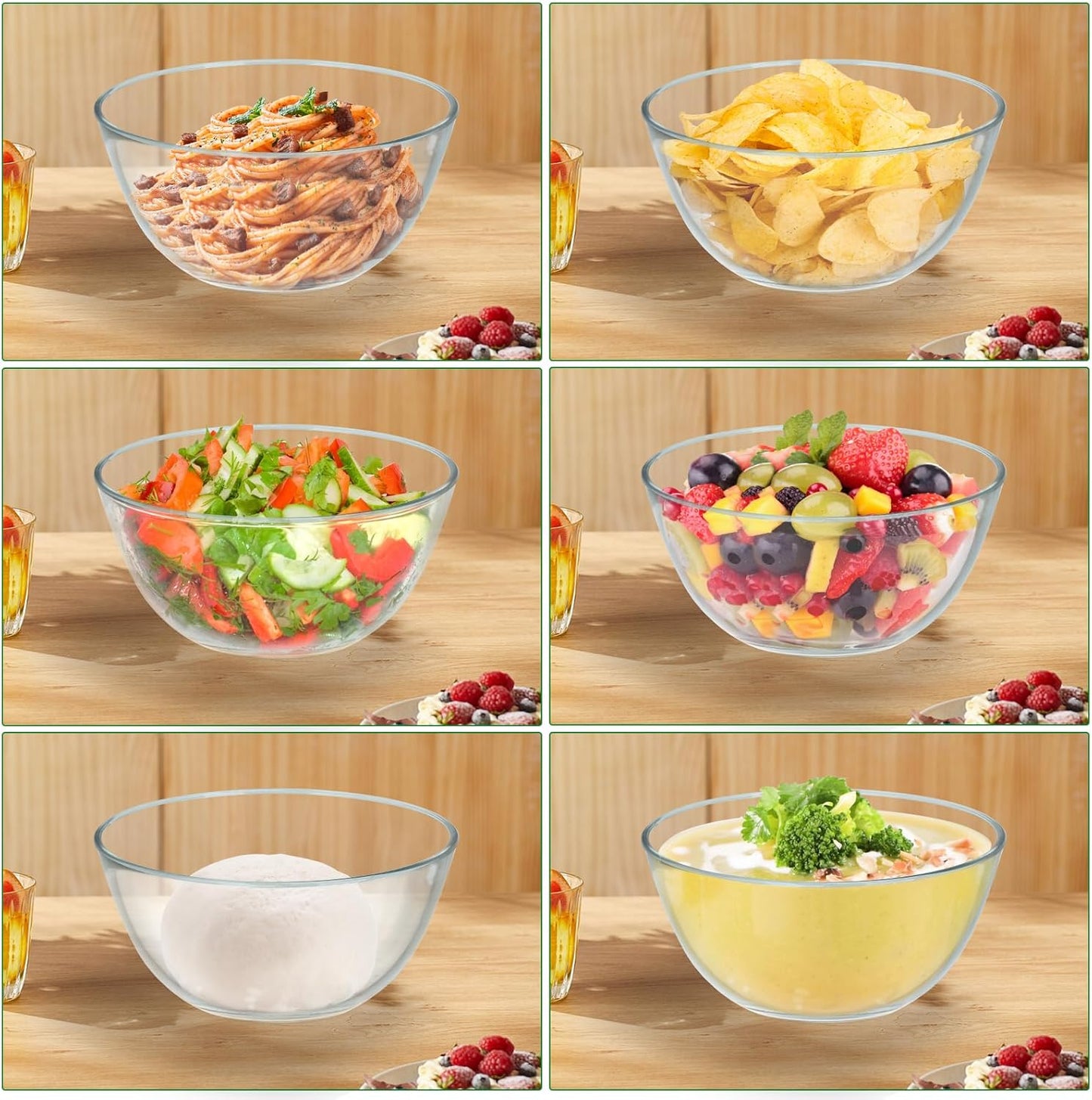 ShineMe Glass Salad Bowl, 4.7 Qt Large Mixing Bowl with Lid and Built in Utensils, Versatile Trifle Bowl for Serving, Mixing, Preparing, Storing, and Decoration in Kitchen