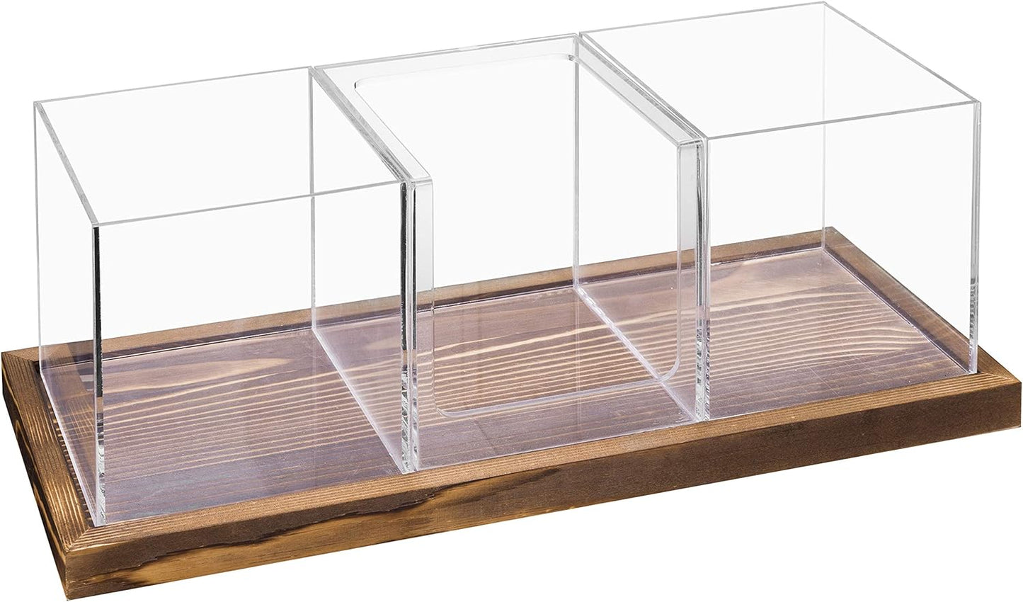 MyGift Modern Modular Coffee and Tea Station Organizer with 3 Removable Premium Clear Acrylic Compartments and Rustic Burnt Solid Wood Decorative Tray, 4 Piece Set