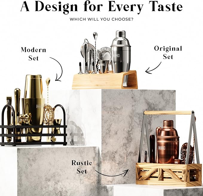 BARE BARREL® Mixology Bartender Kit Bar Set | 16-Piece Cocktail Shaker Set | Martini Barware Mixing Tools for Home Bartending | Incl. 35 Recipe Cards | Gift Set (24oz Cobbler Shaker, Silver/Black)