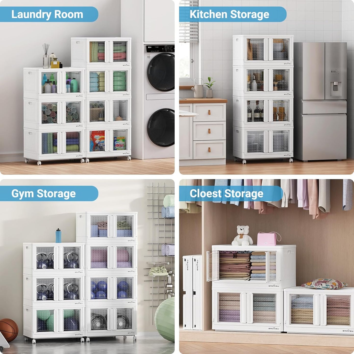 400Qt Stackable Storage Bins with Lids, 100Gal Closet Organizers and Storage Drawer, Plastic Collapsible Storage Bins with Doors, Heavy Duty Store Box Cabinet for Home Office, 4Pack White