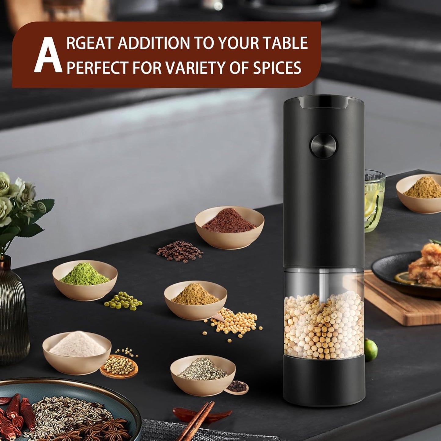 Electric Salt and Pepper Grinder Set, Automatic Mill, Adjustable Coarseness, LED Light - Convenient One-Hand Operation - Perfect for Kitchen and BBQ - Includes Salt and Pepper Shakers (2 Pack)
