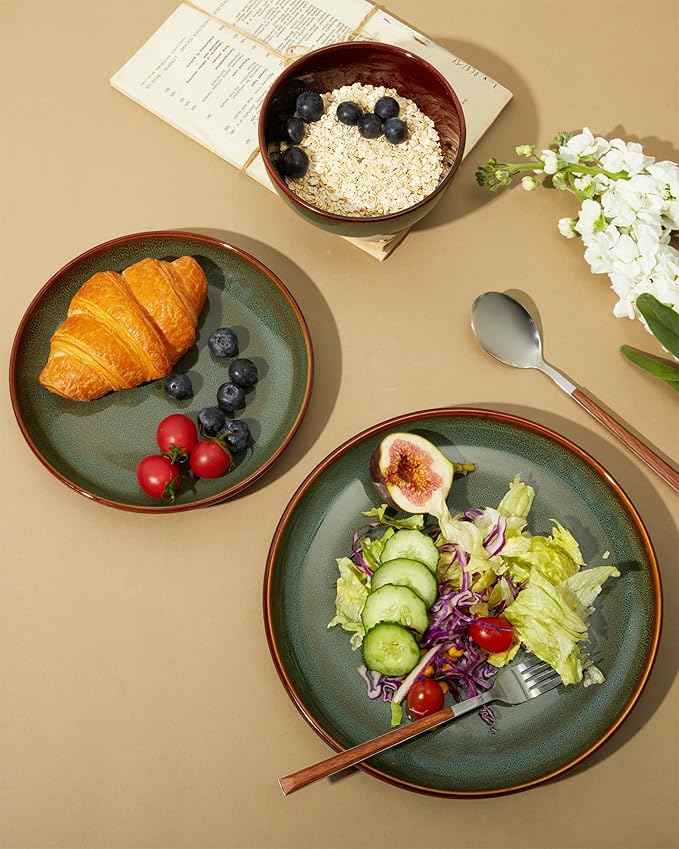 Plates and Bowls Sets for 8, 24 Piece Dinnerware Set for Large Families & Entertaining, Elegant Design, Dishwasher & Microwave Safe, Chip Resistant and Durable, Sage Green