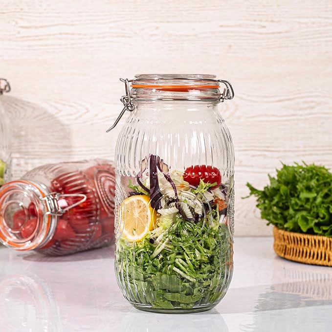 Amzcku Wide Mouth Vintage Mason Jars with Airtight Lid 64oz 2 Quart, Canister Quart Jars for Kitchen Storage - for Coffee, Sugar, Beans 3 Pack