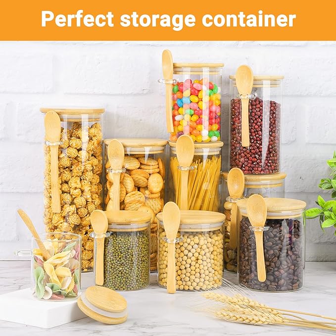 Glass Jars with Bamboo Lids and Spoon - 6 Pack 23 Fl.oz Glass Canisters Set with Airtight Lids, Labels and Marker, Loose Leaf Tea Jar Clear Pantry Storage Containers for Bean, Oats, Cereal