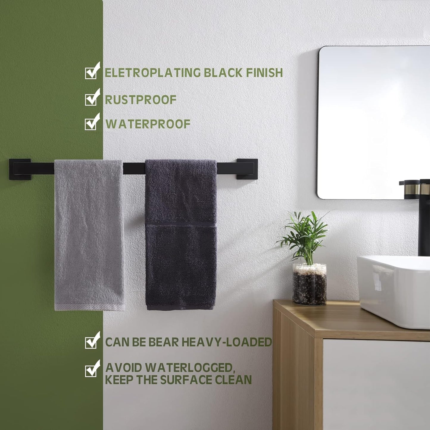 KOKOSIRI 24-Inch Single Towel Bar, Bathroom Kitchen Towel Holder, Wall Mounted SUS304 Stainless Steel Towel Rack 2 Pack, Matte Black, B4003BK-L24-P2