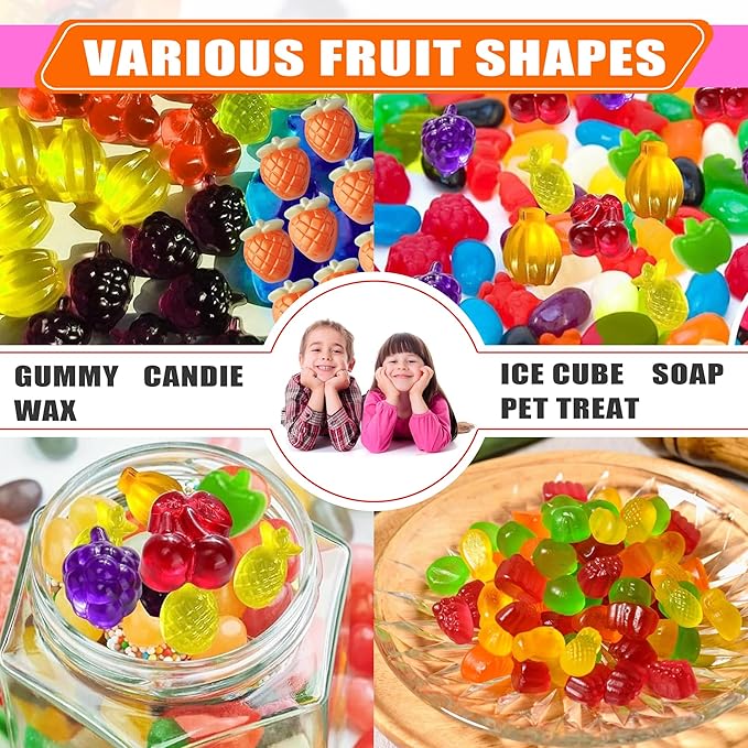 Set of 8 Fruit Snack Molds Silicone Bpa Free, Gummy Molds Trays for Candy Chocolate Gummies Baking - with 2 Dropper & 2 Cleaning Brush(Cherries Grape Banana Apple Pineapple)