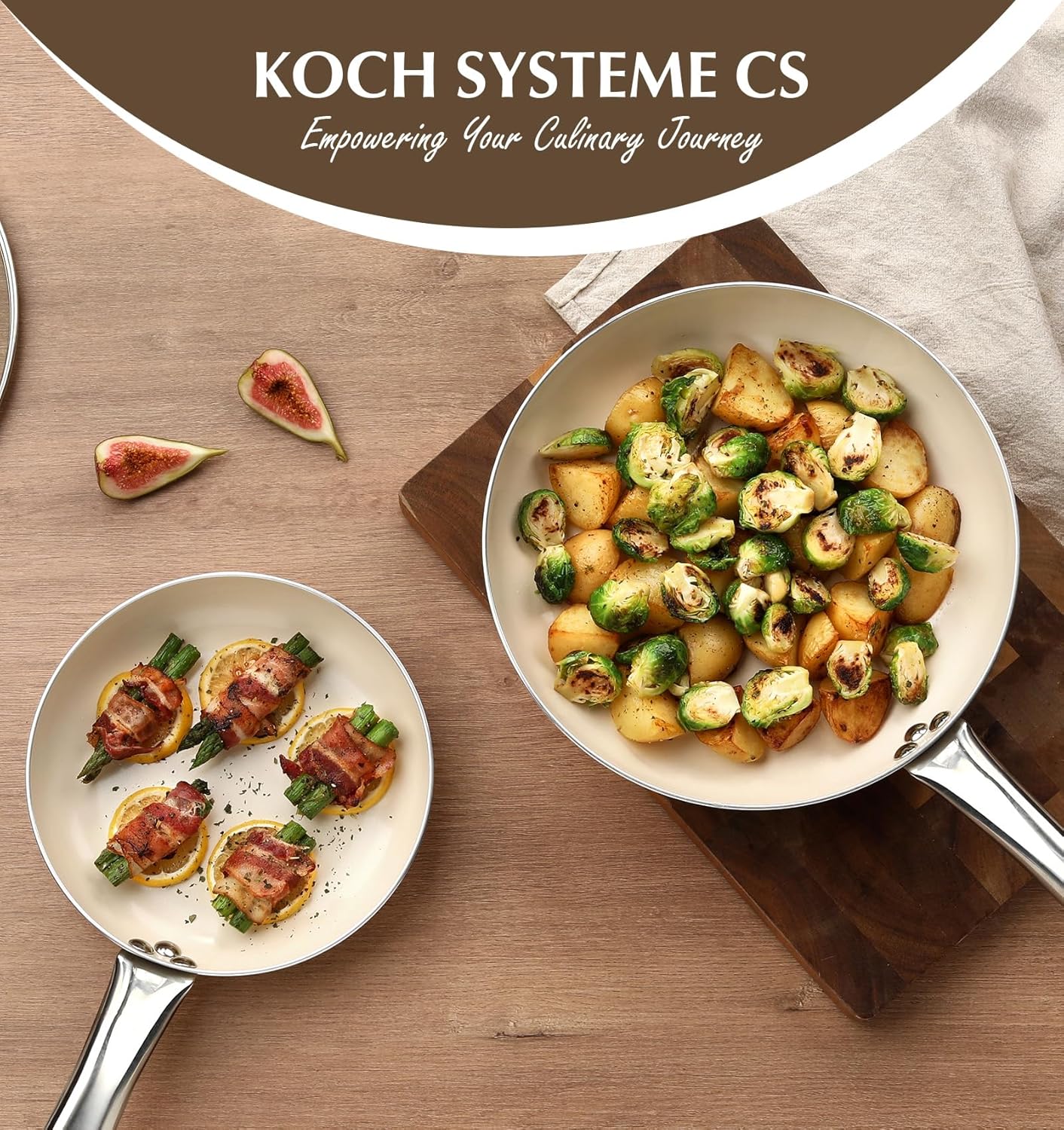KOCH SYSTEME CS Nonstick Frying Pan with Lid, 8 Inch Non-Stick Skillet with Stay-Cool Stainless Steel Handle, Omelet Pan with Nonstick Ceramic Coating, PFOA Free, Oven Safe, Cream White