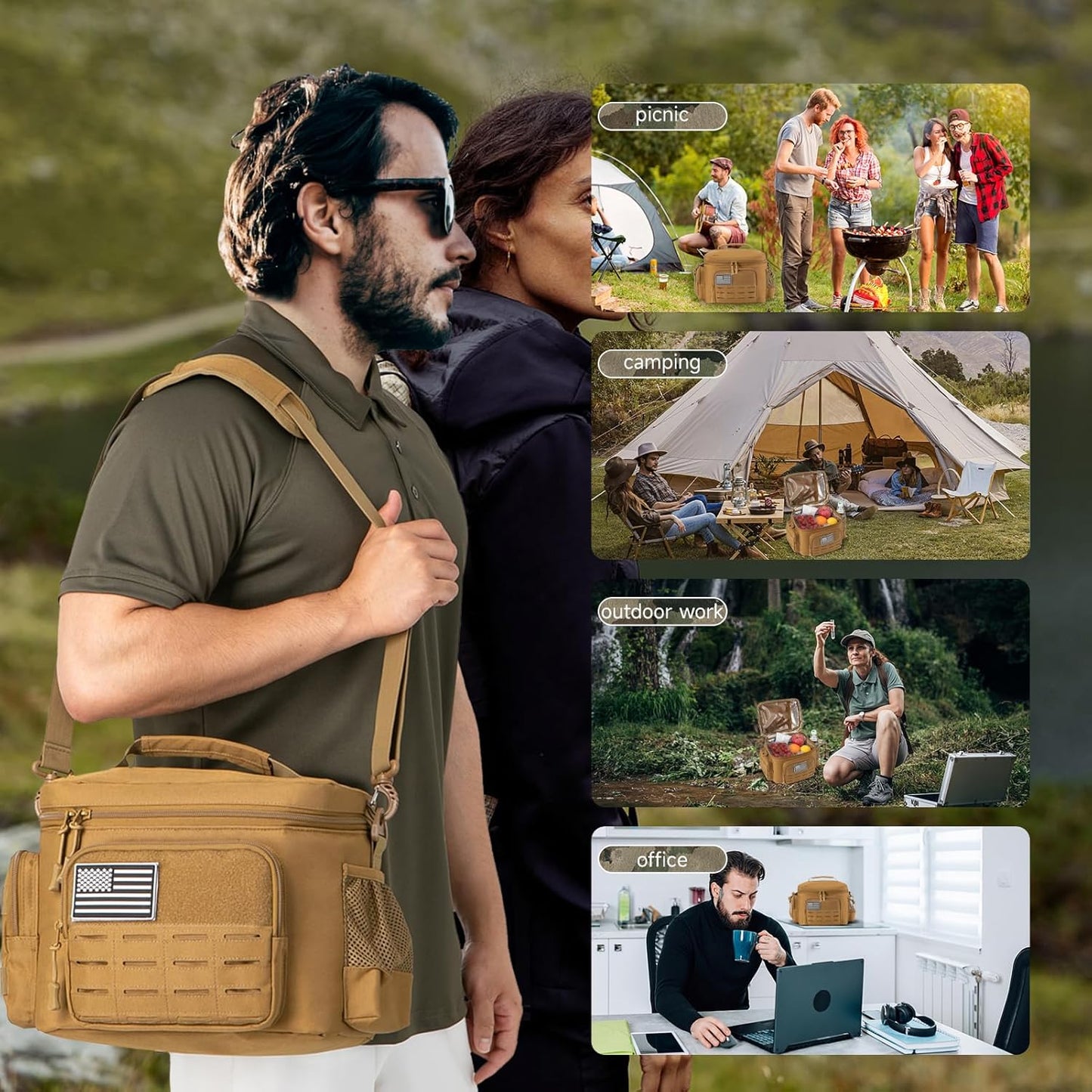 QT&QY Tactical Lunch Bag for mens Military heavy duty lunch box work Leakproof insulated Durable Thermal Cooler Bag for Adult Meal for Office Camping Picnic Pail MOLLE Webbing Khaki