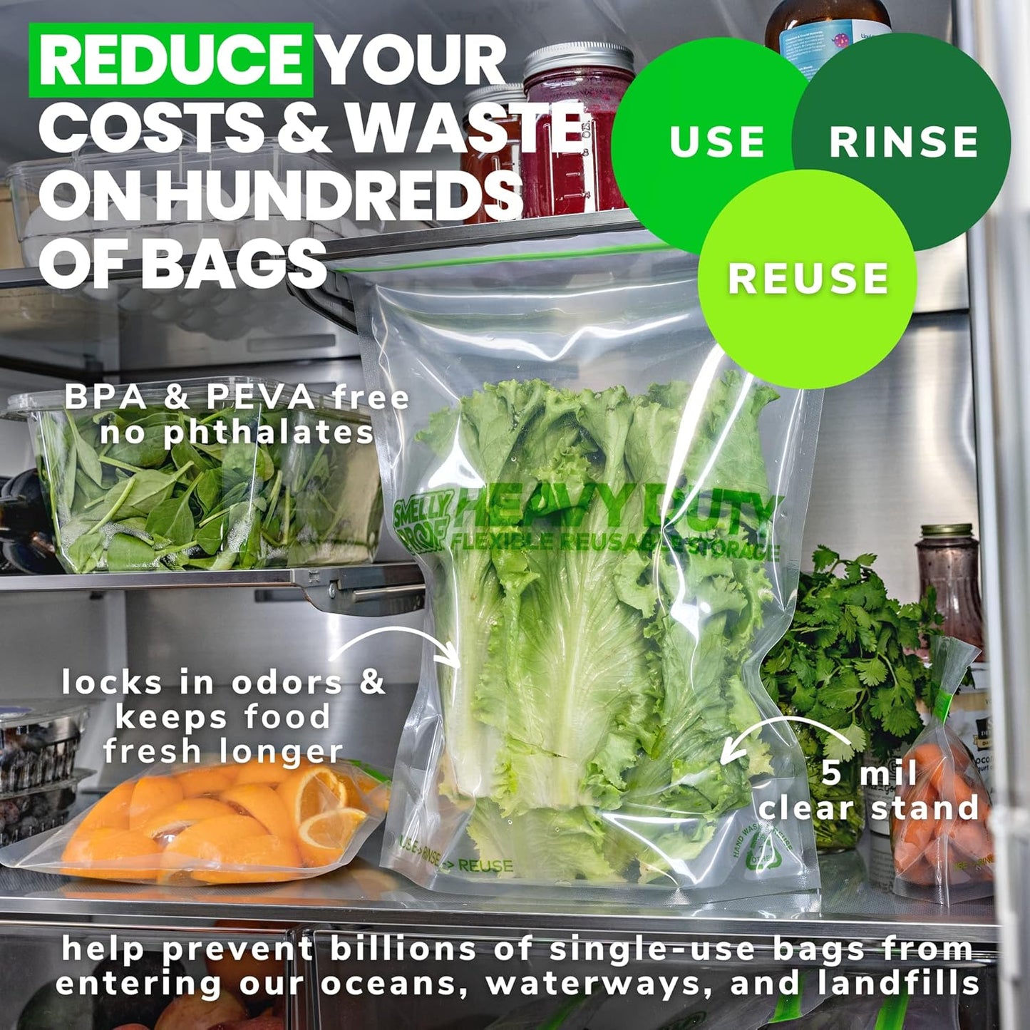 Smelly Proof HEAVY DUTY Reusable STAND-UP Bags for Food Storage, USA Made, NO PEVA & BPA FREE, Reusable Freezer Bags, Dishwasher-Safe, Triple Zip, CLEAR 5-mils XXL 2-Gallon 12" x 16" - 5pk