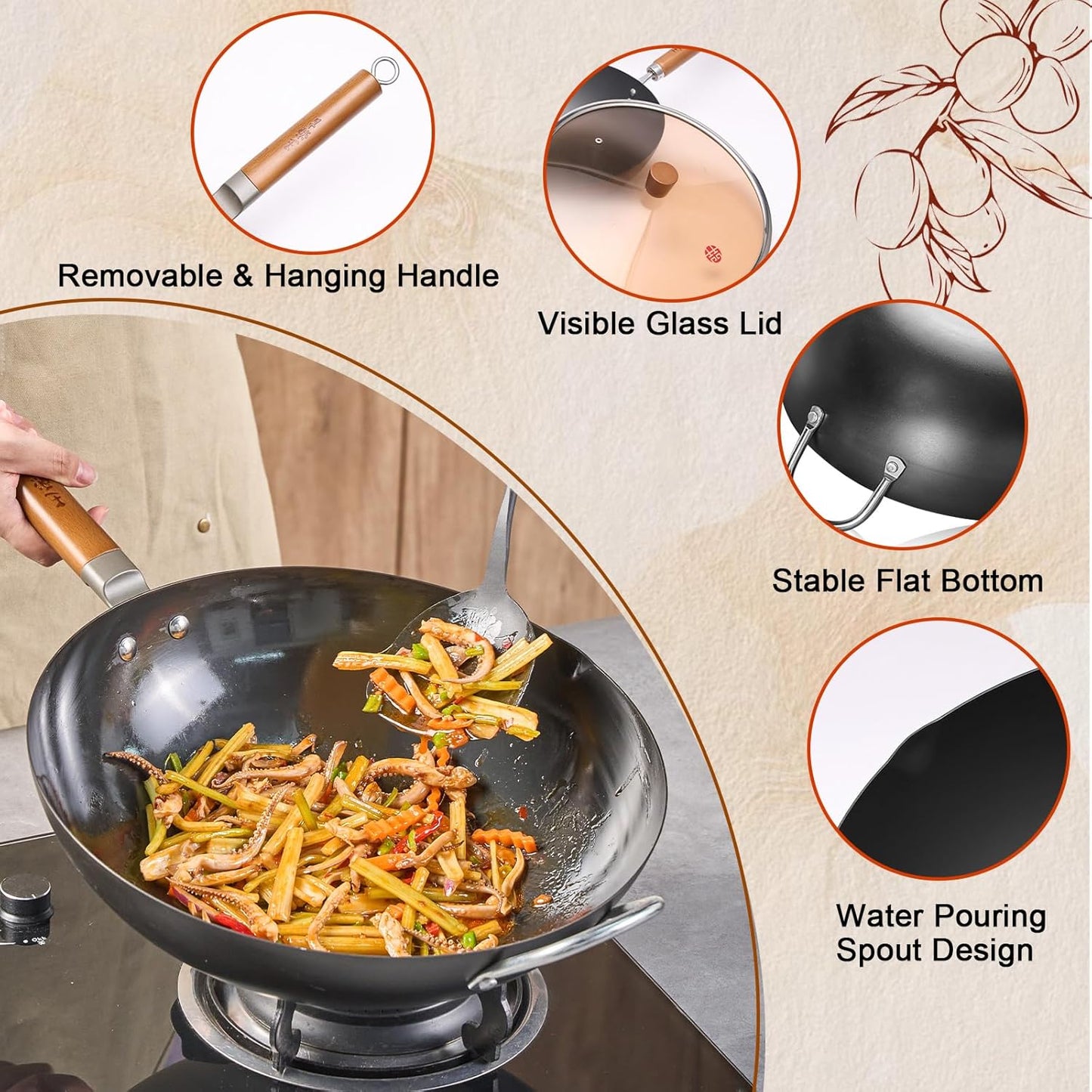 WANGYUANJI Iron Wok,14.2 inch Woks for Stir-fry, Chinese Stir Fry Pan Uncoated, Traditional Flat Bottom Iron Pot for Induction, Electric, Gas, Suitable for All Stoves(Pure Iron Wok)