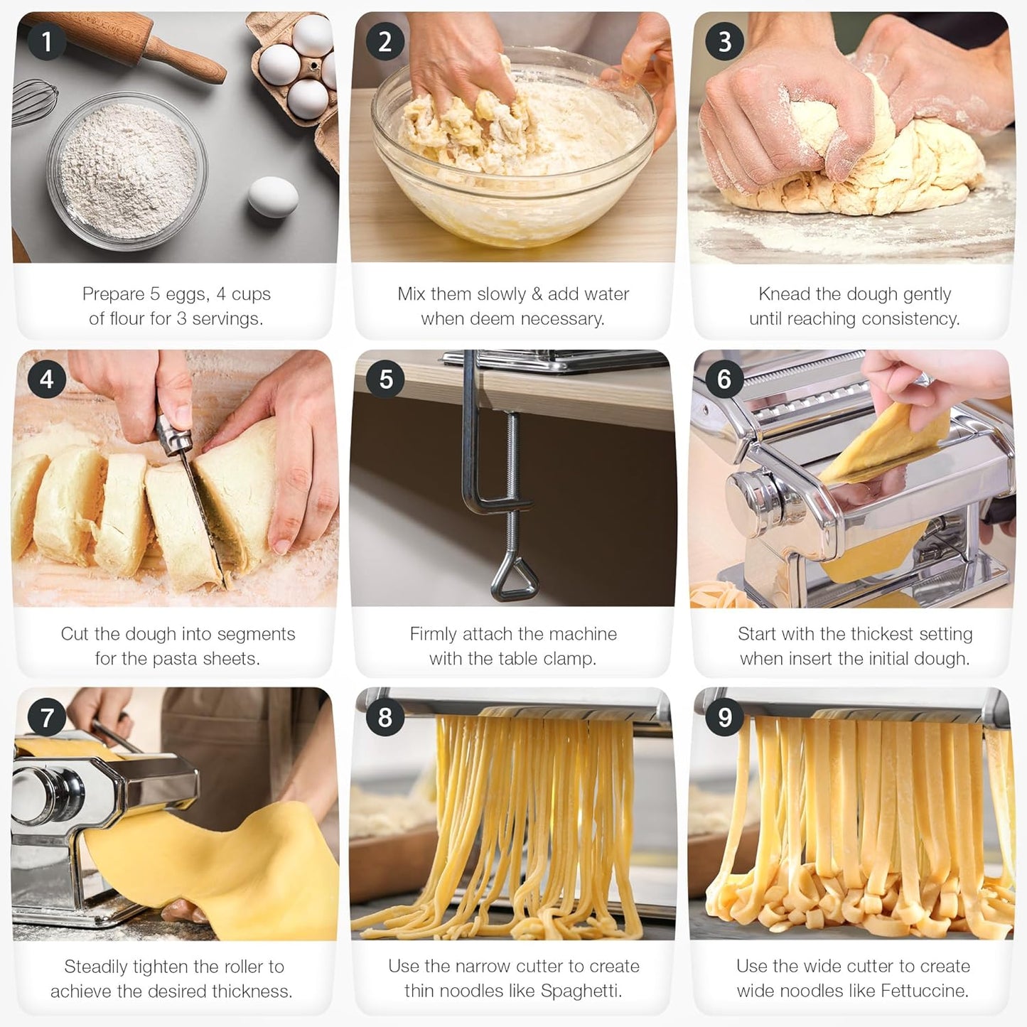 ISILER Pasta Maker, 9 Adjustable Thickness Settings 2-in-1 Pasta Machine with Rollers and Cutter, Noodle Maker for Pasta, Dumpling Skin, Spaghetti, Fettuccini, Lasagna