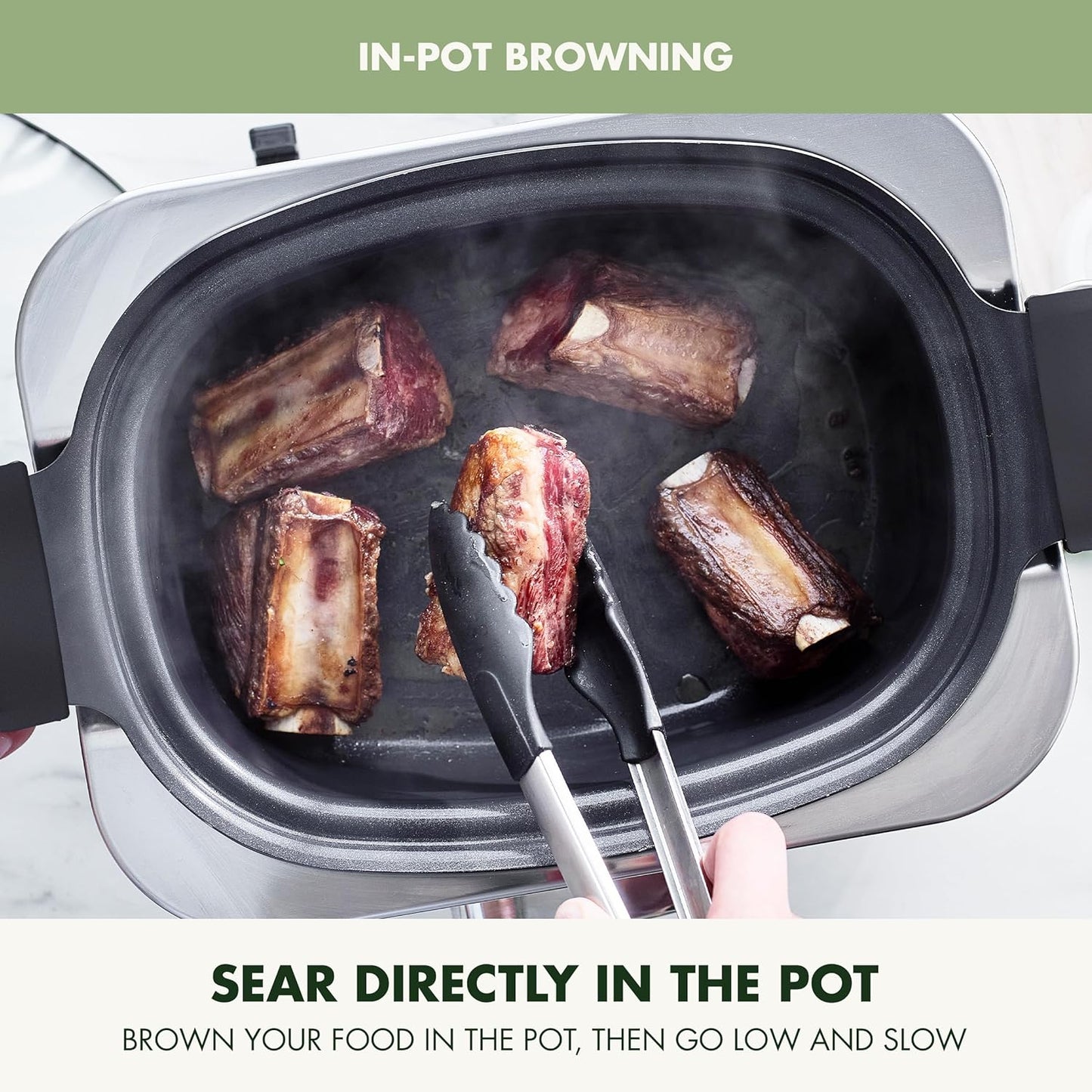 GreenPan Elite 8-in-1 Programmable 6QT Electric Slow Cooker, Dishwasher Safe Lid & Removable Crock, PFAS-Free Healthy Ceramic Nonstick Multi-Cooker, Sear, Sauté, Brown, Steam Basket, Roast, Sage Green