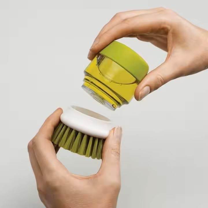 Soap Dispenser Palm Dish Brush with Storage Bracket – Drainage Base, Easy-to-Clean Kitchen Utensil Cleaner | Includes Extra Soft Bristle Brush Head (Gray)