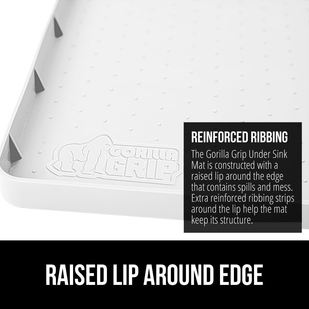 GORILLA GRIP Waterproof Silicone Under Sink Mat with Raised Lip for Kitchen and Bathroom, Cabinet Shelf Liner Stay in Place Mats Dishwasher Safe Drawer Liner, Organizer Tray, 19 x 22 in, White