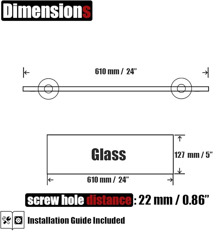JQK Bathroom Glass Shelf Gold, Tempered Glass Shower Storage 24 by 5 inches, 304 Stainless Steel Brushed Gold Wall Mount, TGS101L24-BG