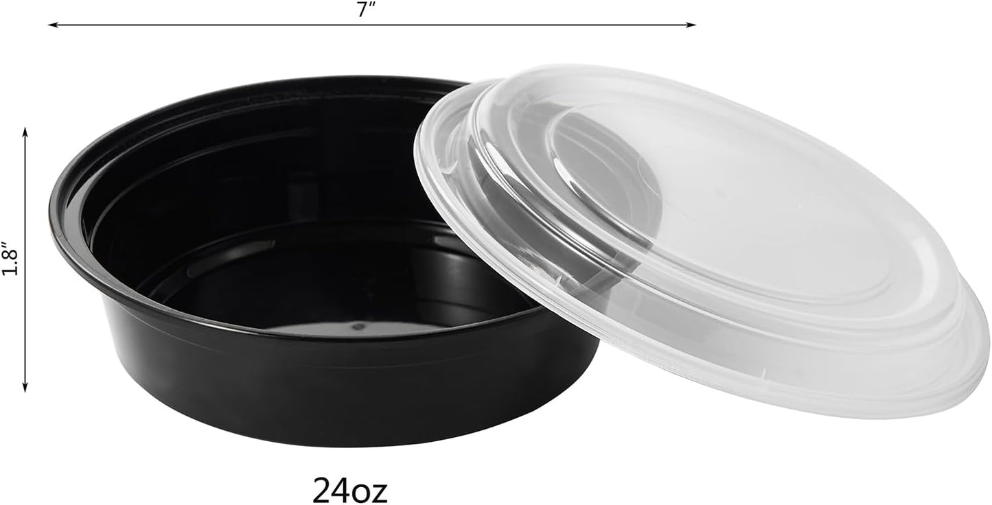 FULING 24 oz 150 ct Round Meal Prep Food Storage Containers with Lids To Go Plastic Lunch Plan Box Disposable Take Out Bowls Black BPA Free Reusable Durable Stackable Microwave Freezer Dishwasher Safe