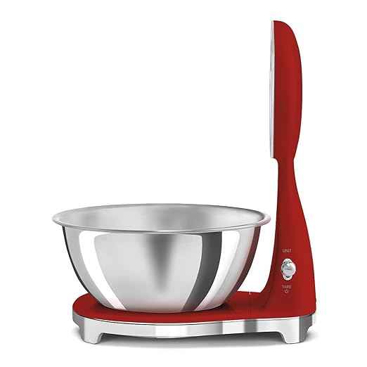 SMEG Retro-Style Analog & Digital Kitchen Scale, 11 lb Capacity, Rechargeable Battery, Backlit LCD Display, Stainless Steel Bowl (Red)