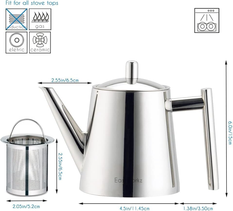 Easyworkz Stainless Steel Teapot with Removeable Infuser 27 oz Stovetop Tea Maker for Fruit Herbal and Infusion Tea