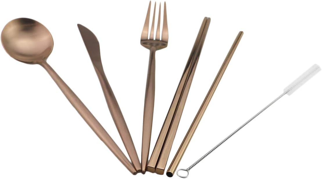 Gugrida Reusable Travel Utensils, 7 Piece Portable 304 Stainless Steel including Knife Fork Spoon Chopsticks Cleaning Brush Straws Portable Pouch, Eco-friendly Camping Silverware Set, Dishwasher Safe
