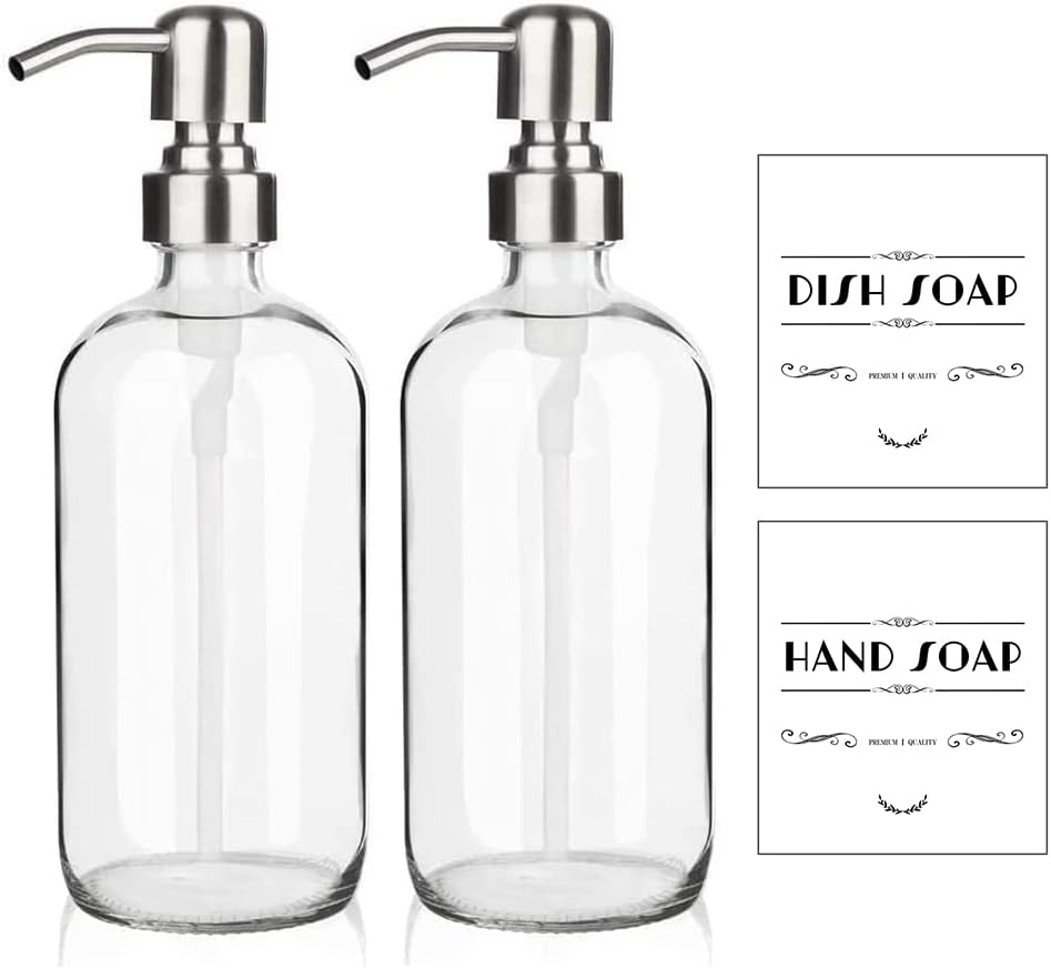 ARKTEK Refillable Soap Dispenser (2 Units) - 17 Oz Clear Glass Bottle with Rust Proof Pump for Hand and Dish Soap, Kitchen Bathroom Countertop